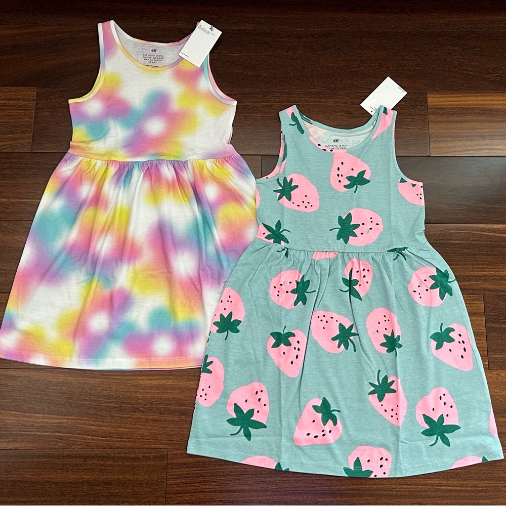 BNWT H&M Colourful Tie-Dye and Strawberry Print Kids Dresses